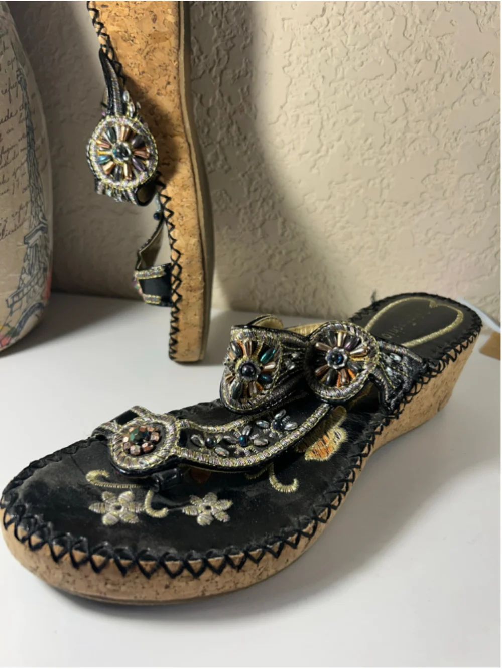 Women's Unbranded Beaded Cork Wedge Sandals Black and Gold